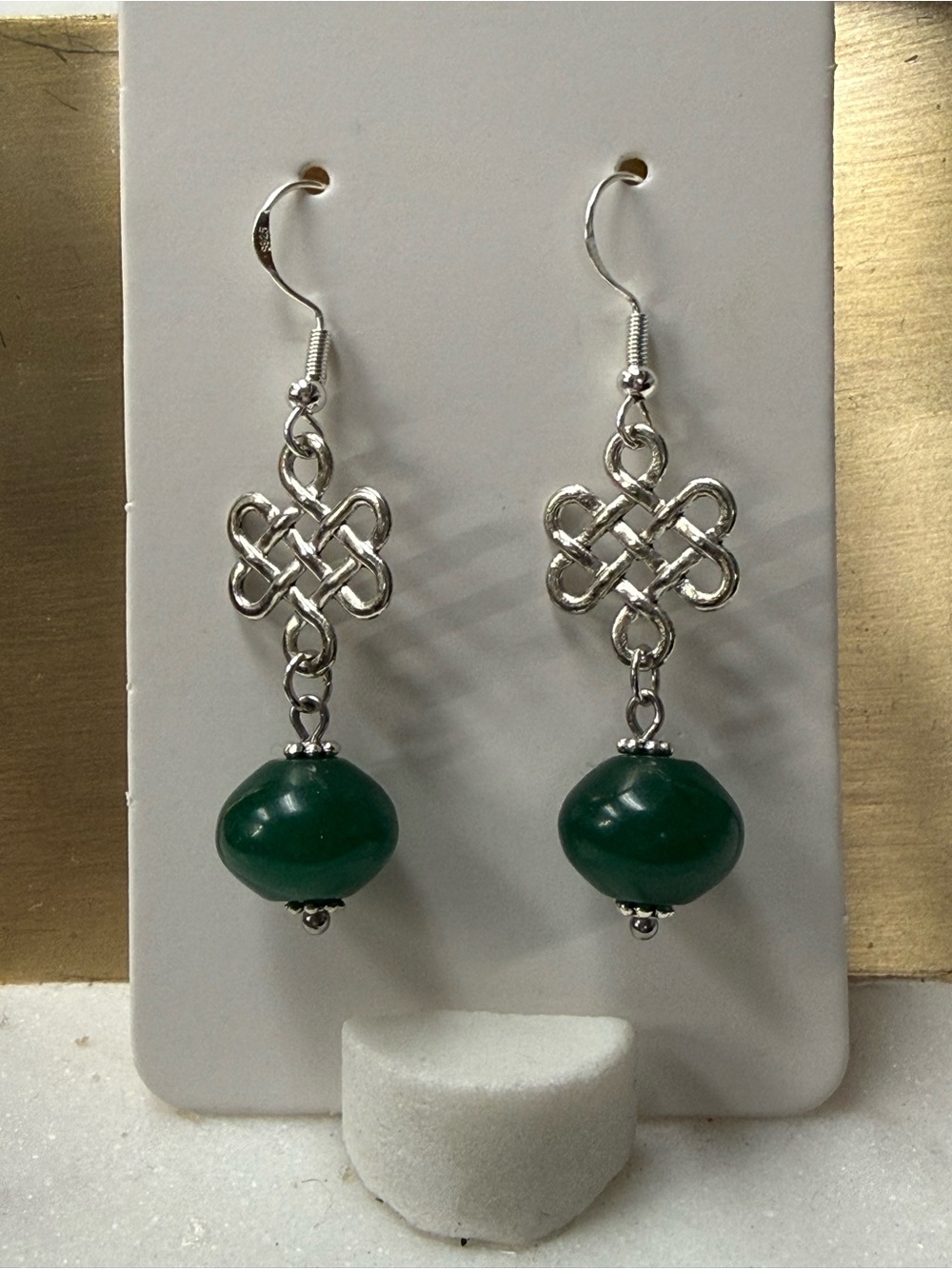 Silver Knot Drop Earrings with Green Jade Bead